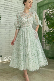 A Line Tea-Length Appliques Short Sleeve Floral Tulle Short Homecoming Dress