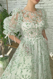 A Line Tea-Length Appliques Short Sleeve Floral Tulle Short Homecoming Dress Rjerdress