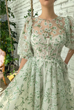 A Line Tea-Length Appliques Short Sleeve Floral Tulle Short Homecoming Dress Rjerdress