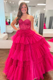 A Line Tiered Sweetheart Strapless Tulle Prom Dresses