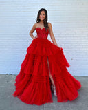 A Line Tiered Sweetheart Strapless Tulle Prom Dresses Rjerdress
