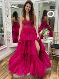A Line Tiered Sweetheart Strapless Tulle Prom Dresses Rjerdress