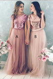 A Line Top Blush Sequin Lovely Two Piece Tulle Round Neck Cheap Bridesmaid Dresses RJS832 Rjerdress