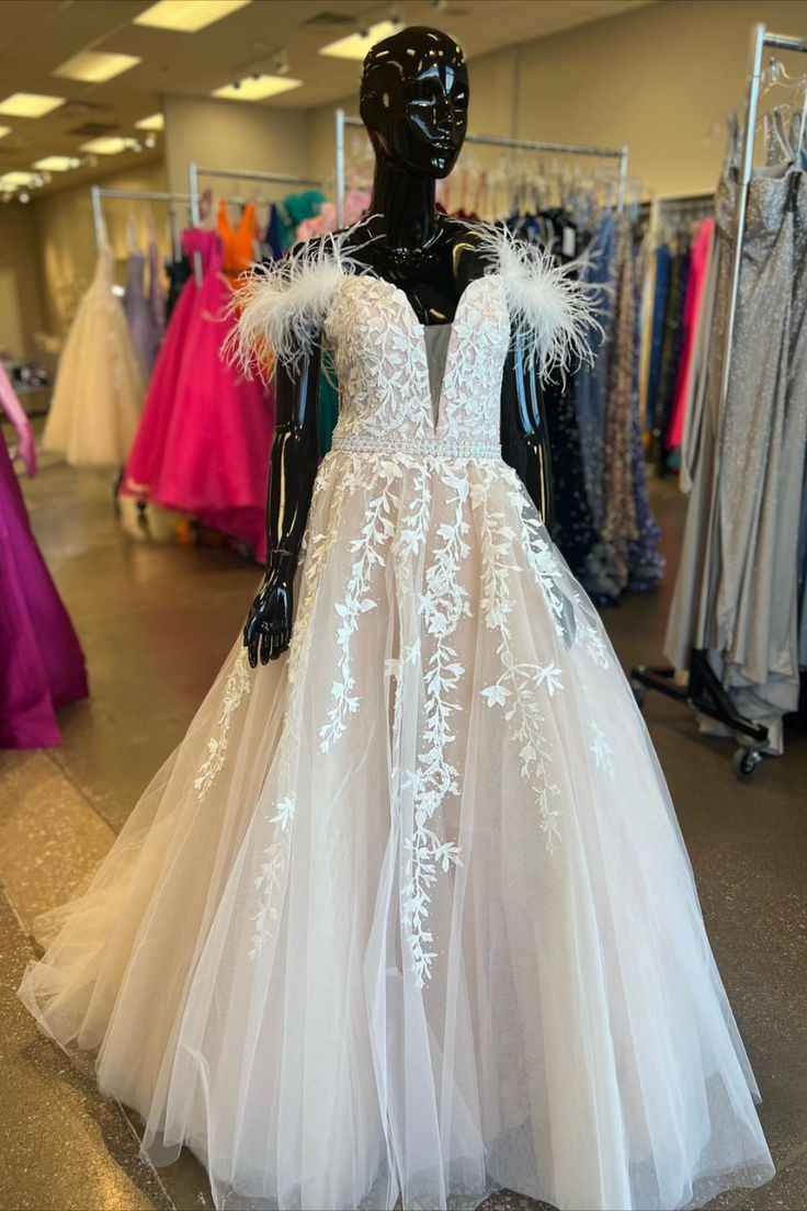 A Line Tulle Appliques Feather Off The Shoulder Prom Dress With Slit Rjerdress
