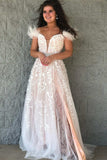 A Line Tulle Appliques Feather Off The Shoulder Prom Dress With Slit