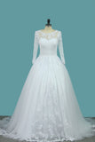 A Line Tulle Bateau 3/4 Length Sleeve Bridal Dresses With Applique Sweep Train Rjerdress