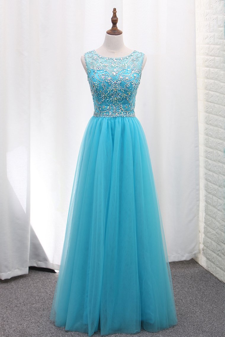 A Line Tulle Bateau Open Back Beaded Bodice Floor Length Party Dresses Rjerdress