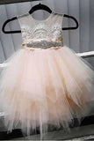A-Line Tulle Beads Appliques Scoop Blush Pink Button Cap Sleeve Flower Girl Dresses Rjerdress