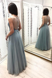 A Line Tulle Blue Floor Length Prom Dresses Beaded Long Evening Graduation Dresses RJS901 Rjerdress
