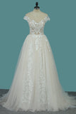 A Line Tulle Bridal Dresses Scoop Cap Sleeve With Applique