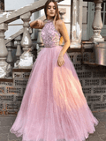 A-Line Tulle Halter Open Back Long Prom Dresses Sleeveless Evening Dresses RJS121