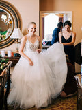 A Line Tulle Halter Wedding Dresses Sleeveless Backless V Neck Bride Dress Rjerdress