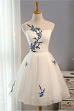 A Line Tulle Ivory Lace up Open Back Scoop Flowers Knee Length Homecoming Dresses RJS46
