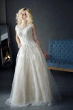 A Line Tulle Ivory Sweetheart Lace Wedding Dresses Appliques Wedding Gowns RJS502