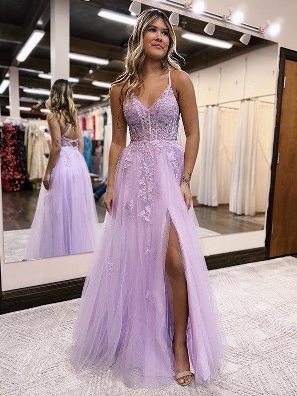 Purple Tulle A Line V Neck Lace Appliques Prom Dress PL503