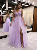 A Line Tulle Lace Appliques Purple V Neck Prom Dresses Cheap Evening Dresses RJS975