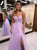 A Line Tulle Lace Appliques Purple V Neck Prom Dresses Cheap Evening Dresses RJS975 Rjerdress