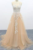 A Line Tulle Lace Appliques Sweep Train Evening Dress Senior Prom Dress