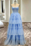 A Line Tulle Layers Spaghetti Straps Split Prom Dress With Appliques Rjerdress