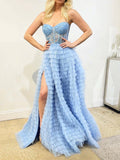 A Line Tulle Layers Spaghetti Straps Split Prom Dress With Appliques