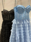 A Line Tulle Layers Spaghetti Straps Split Prom Dress With Appliques Rjerdress