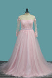 A Line Tulle Long Sleeves Scoop Bridal Dresses With Applique And Sash Sweep Train