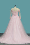A Line Tulle Long Sleeves Scoop Bridal Dresses With Applique And Sash Sweep Train Rjerdress