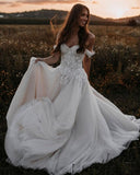 A Line Tulle Off The Shoulder Floor Length Wedding Dresses With Lace & Pearls Rjerdress