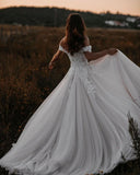 A Line Tulle Off The Shoulder Floor Length Wedding Dresses With Lace & Pearls Rjerdress