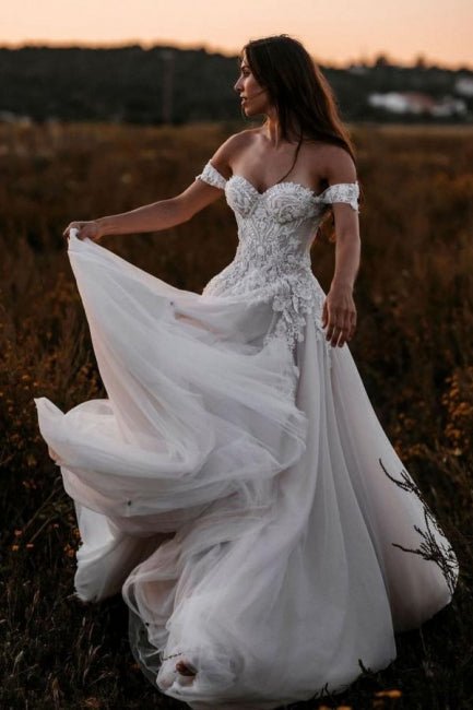A Line Tulle Off The Shoulder Floor Length Wedding Dresses With