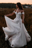 A Line Tulle Off The Shoulder Floor Length Wedding Dresses With Lace & Pearls