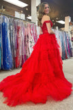 A Line Tulle Off-the-Shoulder Ruffle Tiered Long Prom Dress Rjerdress