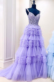 A Line Tulle Off-the-Shoulder Ruffle Tiered Long Prom Dress Rjerdress