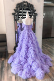 A Line Tulle Off-the-Shoulder Tiered Long Prom Dress with Ruffles Rjerdress