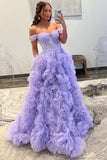 A Line Tulle Off-the-Shoulder Tiered Long Prom Dress with Ruffles