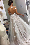 A Line Tulle Open Back Butterfly Sleeveless Wedding Dresses, Long Prom Dresses