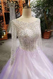 A-Line Tulle Party Dresses Lace Up With Bling Bling Beaded Bodice Full Sleeves Open Back