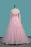 A Line Tulle Scoop Bridal Dresses With Applique And Beads Sweep Train Rjerdress
