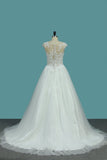A Line Tulle Scoop Bridal Dresses With Applique Sweep Train Rjerdress