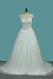A Line Tulle Scoop Bridal Dresses With Applique Sweep Train