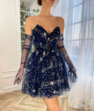 A Line Tulle Sequin Strapless Short/Mini Homecoming Dresses With Long Gloves