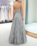 A-Line Tulle Sexy Strapless Sweetheart Sleeveless Grey Beads Prom Dresses RJS948 Rjerdress