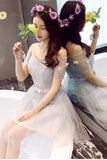 A Line Tulle Short Sleeves Off the Shoulder Gray Lace up Sweetheart Homecoming Dresses RJS897