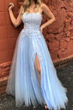 A Line Tulle Spaghetti Straps Prom Dresses With Lace Appliques, Blue Evening Dresses