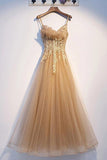A Line Tulle Spaghetti Straps Sleeveless Prom Dresses With Lace Applique, Floor Length Evening Dresses