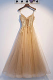 A Line Tulle Spaghetti Straps Sleeveless Prom Dresses With Lace Applique, Floor Length Evening Dresses Rjerdress