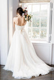 A Line Tulle Strapless Backless Wedding Dresses With Belt, Sweep Train Sleeveless Beach Wedding Dress Rjerdress