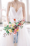 A Line Tulle Strapless Backless Wedding Dresses With Belt, Sweep Train Sleeveless Beach Wedding Dress Rjerdress