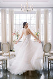 A Line Tulle Strapless Backless Wedding Dresses With Belt, Sweep Train Sleeveless Beach Wedding Dress