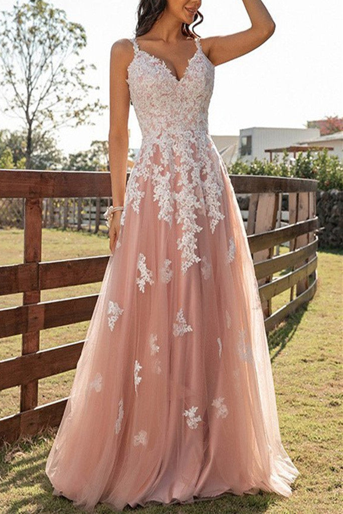 A Line Tulle Straps Applique Tulle On Sale Evening Dress Prom Dresses Online Rjerdress
